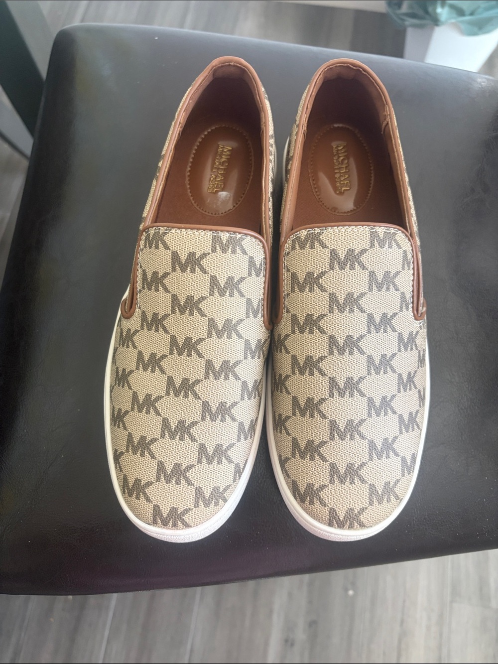 Michael Kors Beige/Tan MK Logo Slip-On Sneakers
